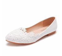 WOkismD Zapatos de Ballet Planos sin Cordones para Mujer, Zapatos Planos de Encaje Blanco para Boda, Zapatos de Punta Cerrada, Zapatos cómodos para Vestido de Fiesta de Boda,Blanco,34