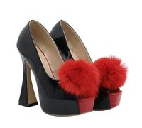WOkismD Zapatos de Fiesta y Club Femeninos con Plataforma de 13CM, tacón Grueso, Puntera Abierta y Pompones Rojos,Negro,39 EU