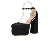 WOkismD Zapatos de Moda para Mujer con Plataforma de 14 cm, Tacones Gruesos Altos y Hebillas en el Tobillo,Negro,39 EU