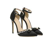 WOkismD Zapatos de salón de tacón Alto Estilo Stiletto con Punta, Correa en el Tobillo con Lazo y Perlas de satén para Mujer, Elegantes para Bodas y Fiestas,Negro,39 EU