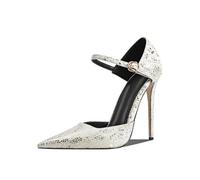WOkismD Zapatos de salón D'orsay para Mujer con Estampado de Serpiente, Punta Afilada, Correa en el Tobillo y Tacones de Aguja, Zapatos Elegantes para Noche y Fiesta,Plata,41 EU