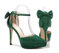 WOkismD Zapatos de tacón alto con plataforma de ante para mujer, zapatos de tacón de aguja con punta cerrada sexy con lazo trasero, vestido de oficina, zapatos de fiesta de boda, verde, 36