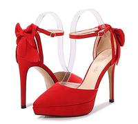 WOkismD Zapatos de tacón alto con plataforma de ante para mujer, zapatos de tacón de aguja con punta cerrada sexy con lazo trasero, vestido de oficina, zapatos de fiesta de boda, rojo, 38