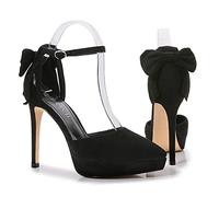 WOkismD Zapatos de tacón alto con plataforma de ante para mujer, zapatos de tacón de aguja sexy con punta cerrada con lazo trasero, vestido de oficina, zapatos de fiesta de boda, negro, 38