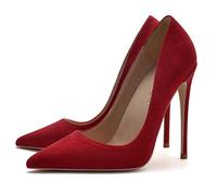 WOkismD Zapatos de tacón alto de aguja de gamuza para mujer, punta cerrada, clásicos, sin cordones, de 4.7 pulgadas/12 cm, vestido de novia, bonitos zapatos de noche, rojo, 36