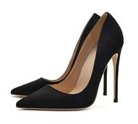 WOkismD Zapatos de tacón alto de aguja de gamuza para mujer, punta cerrada, clásicos, sin cordones, de 4.7 pulgadas, vestido de novia, bonitos zapatos de noche, negro, 39