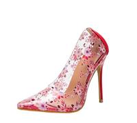 WOkismD Zapatos de tacón Alto de Mujer con Estampado Floral, Punta Puntiaguda, de PVC Transparente, tacón de Aguja de 11CM, Elegantes para Fiestas y Bodas,Rojo,42 EU