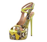 WOkismD Zapatos de tacón Alto de Plataforma de 16CM para Mujer con tacón de Aguja, Puntera Abierta Tipo Peep, y Correa Cruzada en el Tobillo,Amarillo,39 EU