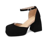 WOkismD Zapatos de tacón Alto de Plataforma de Ante para Mujer, con Punta Cuadrada, Correa en el Tobillo y tacón Grueso Tipo Bloque, Estilo Retro Mary Jane,Negro,47 EU