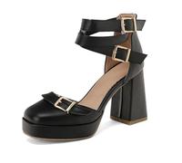 WOkismD Zapatos de tacón Alto Grueso de Plataforma con Punta Cuadrada para Mujer de 9,5 CM con Correa en el Tobillo Estilo Mary Jane,Negro,40 EU