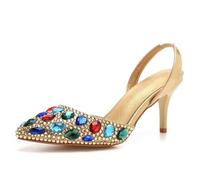WOkismD Zapatos de Tacón Alto para Mujer de 7.5CM Tacón Alto Cristal Slingback Zapatos de Bomba de Novia de Fiesta de Tacón Puntiagudo,Oro,37 EU