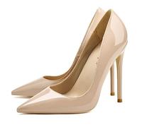 WOkismD Zapatos de tacón clásico con Punta en Pico para Mujer, Zapatos de tacón Alto de Aguja, de Charol, sin Cordones, de 12cm,Beige,37