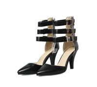 WOkismD Zapatos de tacón de 8.5 CM para Mujer con Punta, Correa en el Tobillo, Hebillas múltiples y tacón de Aguja con Recortes para Oficina y Fiesta,Negro,43 EU