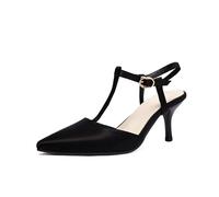 WOkismD Zapatos de tacón Medio Elegantes para Mujer, Tipo Kitten con Punta, Correa en T, Cierre con Hebilla y Trasera Descubierta, Ideales para Vestido de Boda,Negro,39 EU