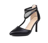 WOkismD Zapatos de tacón Stiletto con Punta Puntiaguda, Correa en T, tacón de 9 cm y Panel de Malla, con Cierre Trasero,Negro,43 EU