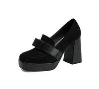 WOkismD Zapatos de tacón Tipo mocasín de Plataforma de Ante para Mujer de 9,5 CM con Detalle de Lazo y tacón Grueso de Bloque,Negro,42 EU