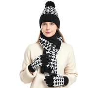 Wokuaile 3 en 1 Set de Bufanda Gorro Guantes Mujeres Cálido Invierno Beanie con Calido Forro Bufandas Larga Guantes Pantalla Táctil Negro