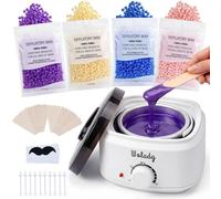 Wolady Calentador de Cera Depilatoria Eléctrico Profesional 450ml con 4 Paquetes Granos de Cera y 30 Palillos de Madera para Depilación Casero Spa Cara Brazos Axilas Piernas