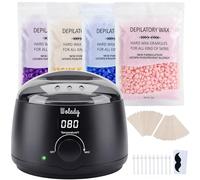 Wolady Calentador de Cera Depilatoria Eléctrico Profesional con Pantalla de Control Digital 500ml, 4 Paquetes Granos de Cera, 30 Palillos de Madera para Casero Spa Cara Brazos Axilas Piernas