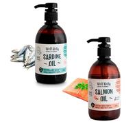 Wolf Belly - Pack Aceite de Sardina y Aceite de Salmón Natural (1l Total) | Omega 3 y 6, EPA y DHA | Piel Sana y Pelaje Brillante | Articulaciones Fuertes |para Perros y Gatos - Producido en UE