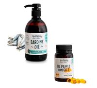 Wolf Belly - Pack Perlas de Omega 3 y Aceite de Sardina 100% Natural | Omega 3 y 6, EPA y DHA | Piel Sana y Pelaje Brillante | Articulaciones Fuertes | para Perros y Gatos - Producido en UE