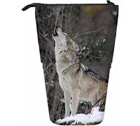 Wolf Estuche telescópico para lápices, papelería, bolígrafos, caja de almacenamiento con cierre de cremallera para mujeres, hombres, niños, niñas, nieve, aullido, peludo, naturaleza, rama, madera sal