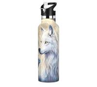 Wolf Forest White Wolves Moon - Botella de agua de acero inoxidable con tapa con pajilla, botella aislada para niños y niñas, deportes, 20 onzas líquidas
