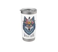 Wolf Girl Amantes Lobos Niños Vintage Plumas Floral Lobo Vaso térmico de acero inoxidable de doble pared