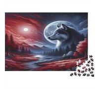 Wolf Jigsaw for Adults Teens Wolf Under Red Moon Educational Game for Wall Decoration and Gifts 52x38cm/1000pcs