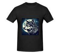 Wolf Night Moon Print - Camiseta básica de manga corta para hombre, clásica esencial, algodón suave para familiares y amigos, Negro, 3XL