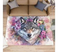 Wolf Rugs - Alfombra grande para sala de estar, 160 x 230 cm, alfombra de lobo para dormitorio, alfombra de suelo con flores, animales, no se desprende, para guardería, oficina, sala de juegos
