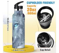 Wolf Winter Forest White Wolves - Botella de agua de acero inoxidable con tapa con pajilla, botella aislada para niños y niñas, deportes, 20 onzas líquidas