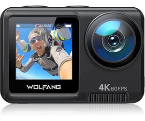WOLFANG GA420 Cámara Deportiva Doble Pantalla 4K 60FPS 24MP, 10M Cuerpo/40M Impermeable, WiFi Webcam Videocámara Subacuática, Micrófono Dual, Control Remoto, EIS, 2x1350mAh Baterías,Accesorios