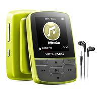 WOLFANG Reproductores de MP3 con Bluetooth 5.2, Clip Deportivo, tamaño Mini, Peso de 1 Onza, Radio FM HiF, grabadora de Voz, Auriculares incluidos, Verde Fluorescente