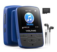 WOLFANG Reproductores MP3 de 64 GB con Bluetooth 5.3, Clip Deportivo, tamaño Mini, Peso de 1 Onza, Altavoz HiFi, Radio FM, grabadora de Voz, Auriculares incluidos