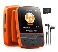 WOLFANG Reproductores MP3 de 64 GB con Bluetooth 5.3, Clip Deportivo, tamaño Mini, Peso de 1 Onza, Radio FM HiF, grabadora de Voz, Auriculares incluidos, Naranja
