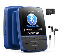 WOLFANG Reproductores MP3 de 64 GB con Bluetooth 5.3, Clip Deportivo, tamaño Mini, Peso de 1 Onza, Altavoz HiFi, Radio FM, grabadora de Voz, Auriculares incluidos