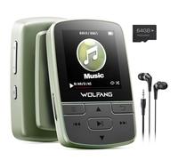 WOLFANG Reproductores MP3 de 64 GB con Bluetooth 5.3, Clip Deportivo, tamaño Mini, Peso de 1 Onza, Radio FM HiF, grabadora de Voz, Auriculares incluidos, Verde Militar