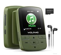 WOLFANG Reproductores MP3 de 64 GB con Bluetooth 5.3, Clip Deportivo, tamaño Mini, Peso de 1 Onza, Radio FM HiF, grabadora de Voz, Auriculares incluidos, Verde Militar