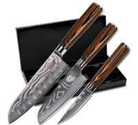 Wolfblood set de 3 cuchillos Santoku de acero Damasco 67 capas (30, 24 y 20 cm) | Cuchillos profesionales de cocina VG10 | Santoku, cuchillo pelador, caja de regalo y protector de hoja