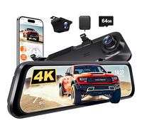 WOLFBOX G850 Pro Cámara 4K ADAS BSD Espejo Inteligente WiFi 5.8GHz Control de voz, Cámara de marcha atrás de 12 pulgadas, Tarjeta de 64 GB, GPS, Sensor G