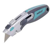 wolfcraft Cúter de seguridad dual profesional con cuchilla retráctil | Carcasa metálica con zona blanda ergonómica, cortador de cuerdas y bandeja de cuchillas con 3 cuchillas de repuesto