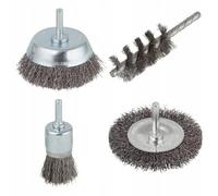 wolfcraft Juego de cepillos de alambre de acero para taladro de 4 piezas I 2133000 I Perfecto para quitar óxido, eliminar pintura y limpiar en metal, chapa, madera y piedra
