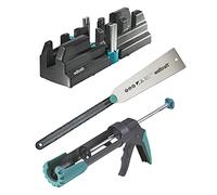 wolfcraft Set para suelos perfectos "Colocación de rodapiés" I 6977000 I Kit completo compuesto por caja de ingletar y falsa escuadra, sierra japonesa y pistola de cartuchos MG 200