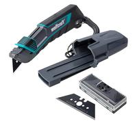 wolfcraftt Juego de cúter de cuchilla trapezoidal PRO SAFETY con estuche - 8669060 - Práctico juego de cúter de seguridad y cuchillas de repuesto con afilado extra