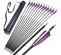 wolfman Flechas de Caza de Carbono con Plumas Reales de 4 Pulgadas, rigidez 500, Puntas roscadas, culatas internas, diámetro Interior 6,2 mm para práctica (Morado, 24p Set)