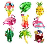 Wolkstello Globos Hawaianos, 9 unidad, Decoración Tropical para Fiesta General, Incluye 2 Flamencos, 1 Piña, 1 Cóctel, 1 Cocotero, 1 Cactus, 1 Hoja de Palma, 1 Coco, 1 Helado, Hawaii Colorido