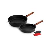 Woll Eco Logic QXR - Juego de sartenes (3 piezas, inductiva, sartén plana de 24 cm de diámetro, 5 cm de alto, sartén de 28 cm de diámetro, 7 cm de alto, con mango de madera sostenible extraíble, sin