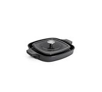 Woll Iron - Sartén cuadrada con ranuras, incluye prensa para carne con asas de silicona, inductiva, 28 x 28 cm, 4,5 cm de alto, apto para todo tipo de cocinas, apto para horno hasta 250°, sin asas de silicona, color gris
