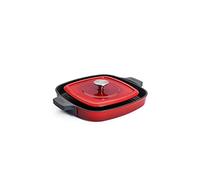 Woll Iron - Sartén cuadrada con ranuras, incluye prensa para carne con asas de silicona, inductiva, 28 x 28 cm, 4,5 cm de alto, apto para todo tipo de cocinas, apto para horno hasta 250°, sin asas de silicona, color rojo